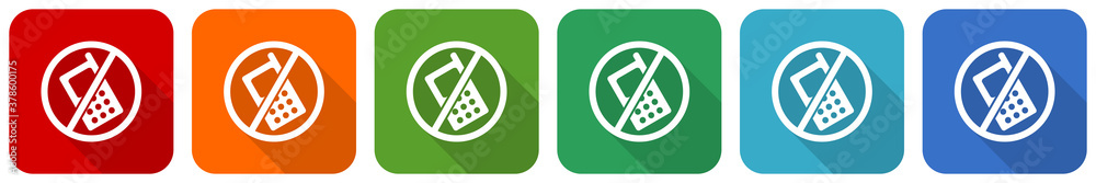 Poster no phone icon set, flat design vector illustration in 6 colors options for webdesign and mobile appl