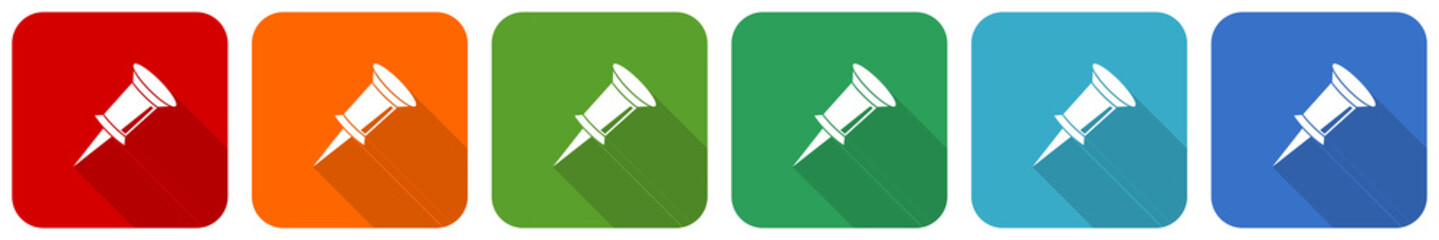 Pin icon set, flat design vector illustration in 6 colors options for webdesign and mobile applications