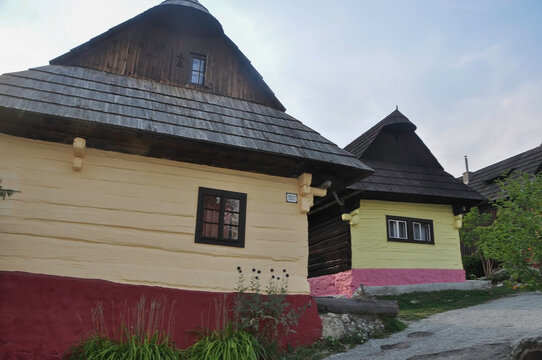 VLKOLINEC, SLOVAKIA, EUROPE, SUMMER 2015. Beautiful street in the center of the Unesco Heritage village of Vlkolinec. The houses are made of wood and painted in neutral colors.