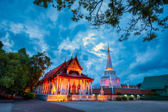 Ancient Pagoda in Wat Mahathat temple at sunset in Nakhon Si Thammarat, Thailand