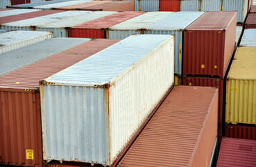View on the stacks of the containers loaded on deck of the cargo ship.