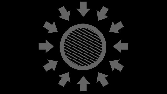 Graphic object in the shape of linked arrows, in black and white with a stroboscopic and hypnotic effect, which rotates clockwise, decreasing the dimensions that disappear in the center.