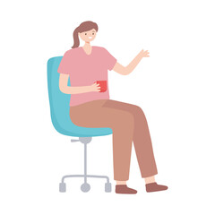 young woman with coffee cup sitting on office chair isolated design white background