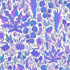 Fantasy abstract colorful plants seamless pattern, gradient pink blue color, isolated on white background.