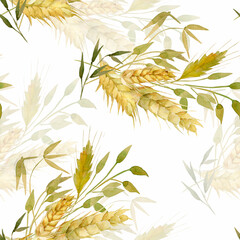 Watercolor wheat ears seamless pattern.Image of ears of wheat on a white and colored background.