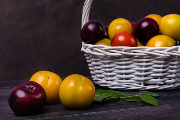 Colorful plums fruit in basket on the black background isolated