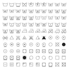 Vector illustration of 100 laundry symbols. Fully editable line icons for cloth tags, packaging design and other projects.