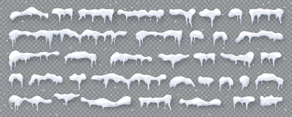 Snow, ice caps isolated on transparent background. Snowfall with snowflakes. Winter season. Christmas card design element. Vector illustration.