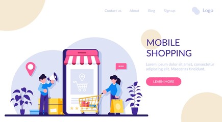 Mobile online shopping. Marketing and Digital marketing. Flat People Characters Shop. Modern flat illustration.