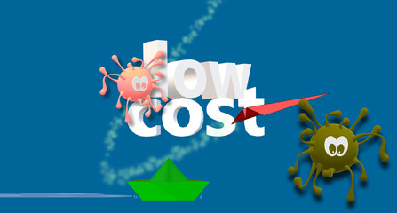 Travels, Impact of Coronavirus. Maritime transport at a reduced price. Red paper plane flying over the text. Green paper boat. Carrier, travel agency or low cost airline, abbreviated as LCC. 