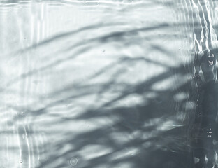 Transparent gray water surface texture with splashes and leaves shadows.
