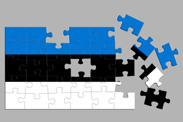 Fototapeta premium A jigsaw puzzle with a print of the flag of Estonia, some pieces of the puzzle are scattered or disconnected. Isolated background. 3d illustration
