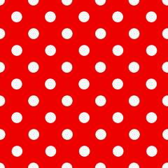 Red vintage seamless pattern with white polka dots. White retro polka dot pattern on red background