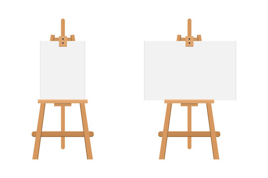 Wooden easel with blank canvas. Mock up for advertising and presentations. Art board and clear paper. Vector illustration.