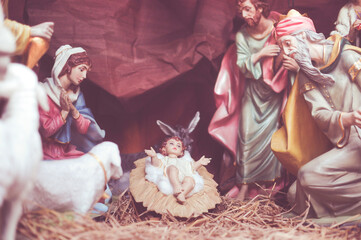 Statue of the nativity of the baby jesus Our Lady and Joseph are by your side. Birth of Jesus. Pure...