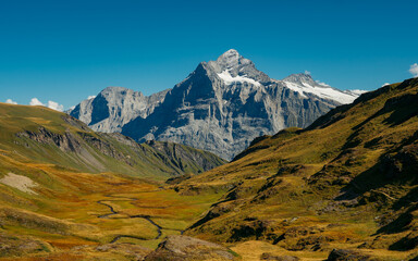 Encountering Bachalpsee during the famous hiking trail from First to Grindelwald (Bernese Alps,...