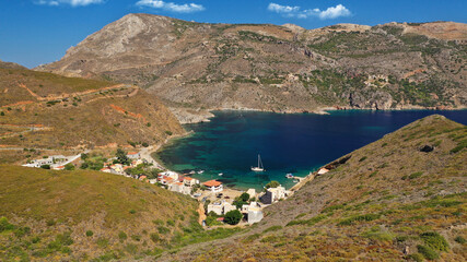 Aerial drone photo of seaside picturesque village of Porto Kagio in the southmost part of Mani peninsula, Peloponnese, Lakonia, Greece