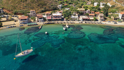 Fototapeta na wymiar Aerial drone photo of seaside picturesque village of Porto Kagio in the southmost part of Mani peninsula, Peloponnese, Lakonia, Greece