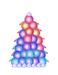 Christmas composition of decoration balls, marshmallows and fir branches on a white isolated background. Perfect for cards, postcards, covers and festive design. Hand painted in watercolor.