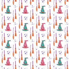 Witch broom and witchy hat vector seamless pattern. Witchy background for halloween design. Magic and witchcraft concept. EPS 8.
