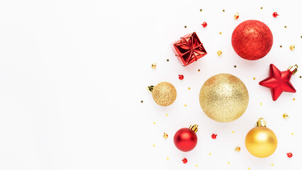 Christmas banner with festive decoration on white background. Christmas flat lay.
