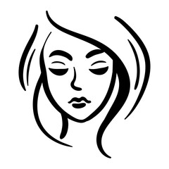 Line woman head icon black on white background