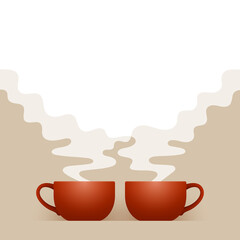 Two ceramic cups of fresh hot drink and white steam