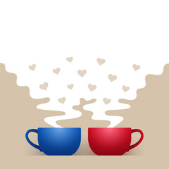 Blue and red cups of hot drink and white steam with hearts