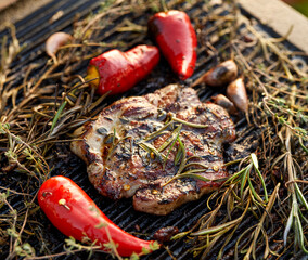 Grilled pork neck with aromatic herbs, garlic and chili peppers on a cast iron grill top view