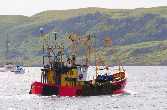 What is the impact of climate change on the fishing industry ? A red fishing ship leaving a port in Scotland, heading to fishery zones in North Sea, with green hills in the background.