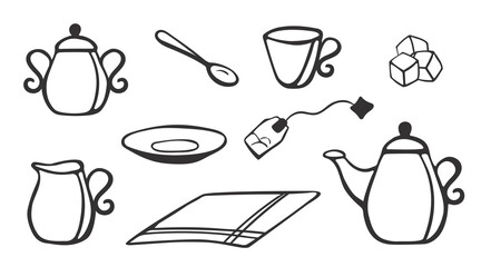 Tea set in hand-drawning style on white background. Kitchen utensil outline.