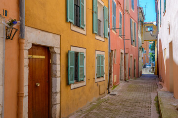 Naklejka na ściany i meble French Riviera. View of the Narrow Streets of the Old Town in Villefranche, France.
