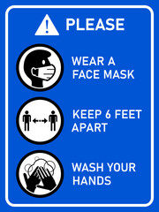 Vertical Instruction Signboard with Basic Set of Measures against the Spread of Coronavirus Covid-19, including Wear a Face Mask, Keep 6 Feet Apart and Wash Your Hands. Vector Image.