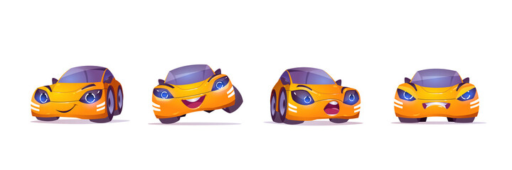 Fototapeta na wymiar Cute yellow car character in different poses. Vector set of cartoon mascot, funny automobile happy, smiling, angry and surprised. Creative emoji set isolated on white background