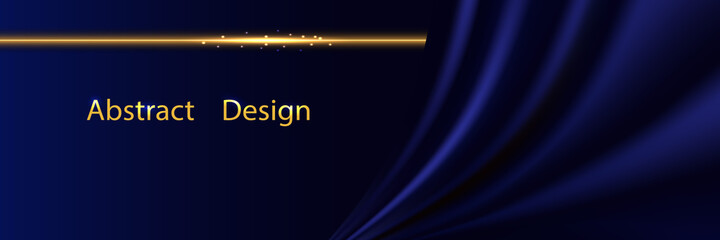 Blue silk luxury background. Deep blue satin fabric texture with curtain drapery and golden glowing border line. Luxurious abstract backdrop for banner or poster. Vector illustration