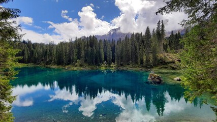 lago carezza o karersee in south tyrol, dolomites, italy
