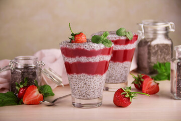 Delicious healthy chia seed mousse and strawberry puree, fresh mint