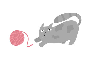 Cat plays with yarn ball. Hand drawn flat vector illustration of cute kitten and wool clew. 