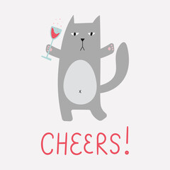 Fat naughty car drinks wine. Cute funny character with glass of sparkling wine. Hand drawn typography. Flat style cranky cat greeting card.