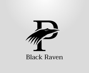 Letter P Crow logo designs, Black Raven in Initial P vector illustration design