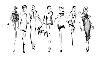 Beautiful young women in modern style.. Hand drawn stylish woman portrait. Fashion lady. Festive outfit. Sketch. Fashion model posing in dress. Hand drawn fashion woman.
