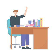 Fototapeta premium man working at desk with books and coffee cup isolated design white background