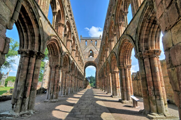 Jedburgh Abbey, a ruined Augustinian abbey which  situated in the town of Jedburgh, Scotland - obrazy, fototapety, plakaty