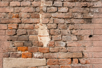 Empty Old Brick Wall Texture. Painted Distressed Wall Surface. Grungy Wide Brickwall.