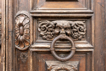 Royal style doorknocker on a wooden door