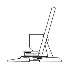 office computer books and coffee cup isolated design white background line style