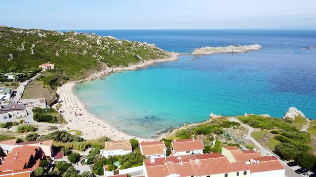 Wide view of italian sand beach. Paradise sea and colors. Summer time, holiday concept. Moving forward. Drone view