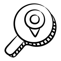 
Location pin under magnifier, hand drawn vector of location search 
