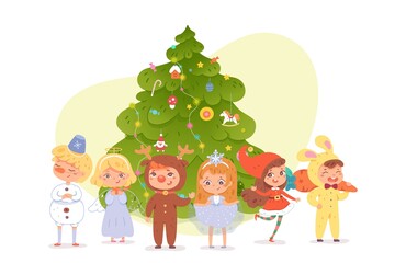 Obraz na płótnie Canvas Kids in costumes at Christmas party. Cute happy children wearing xmas suits vector illustration. Girls and boys dressed as snowman, reindeer, snowflake, rabbit, angel, santa. Tree in background