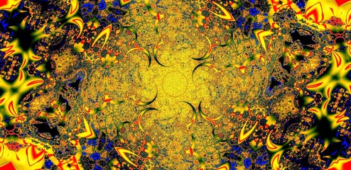 Abstract Yellow Grunge Fractal Background - Bold yellow mixed with red and blue with a grungy texture. Looks like graffiti or confetti. Fun and colorful scene.